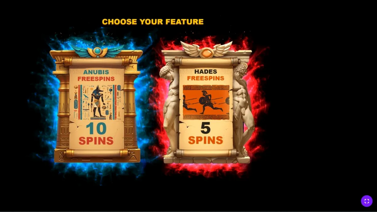 Interface do slot Clash of Gods: Anubis vs Hades com símbolos de deuses e iluminação neon